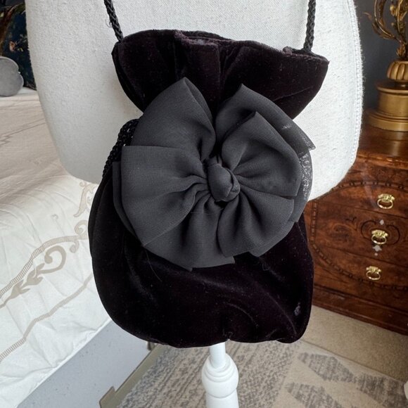 Vintage 90s Black Velvet Pouch Evening Bag Crossbody - Picture 2 of 14